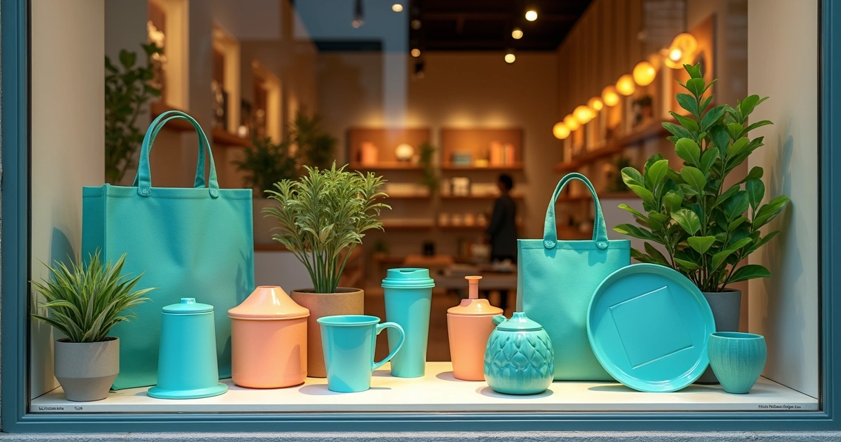 Produtos ecológicos criativos em uma vitrine moderna com sacolas, copos e itens reutilizáveis 