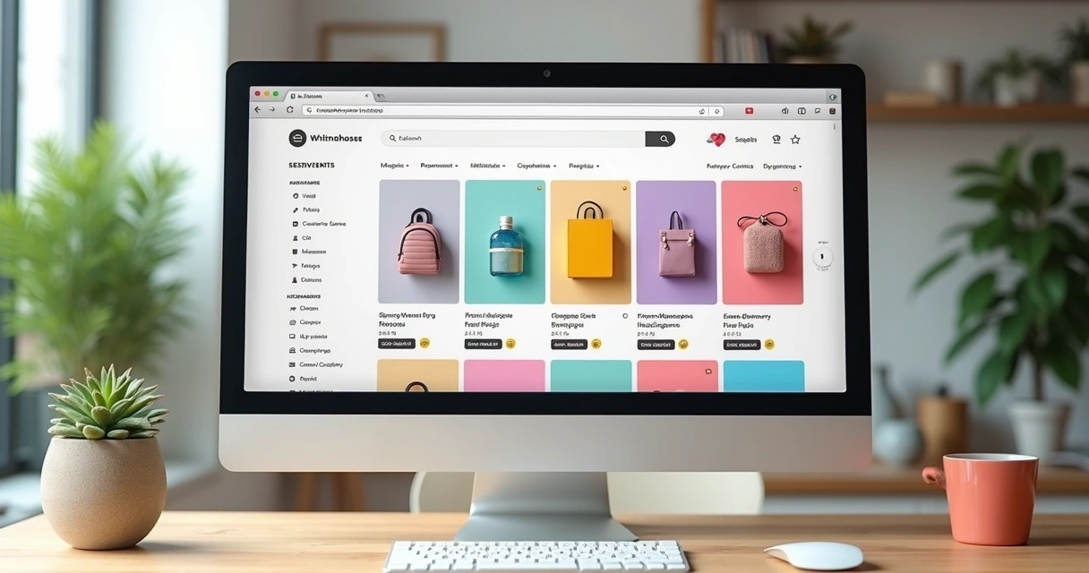 Produtos de uma loja online com barra de busca e ícones de favoritos 