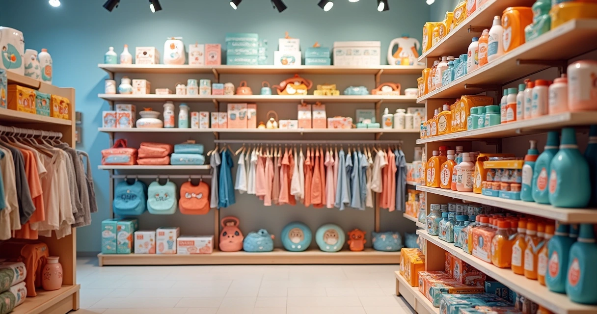Produtos infantis variados organizados em prateleiras 