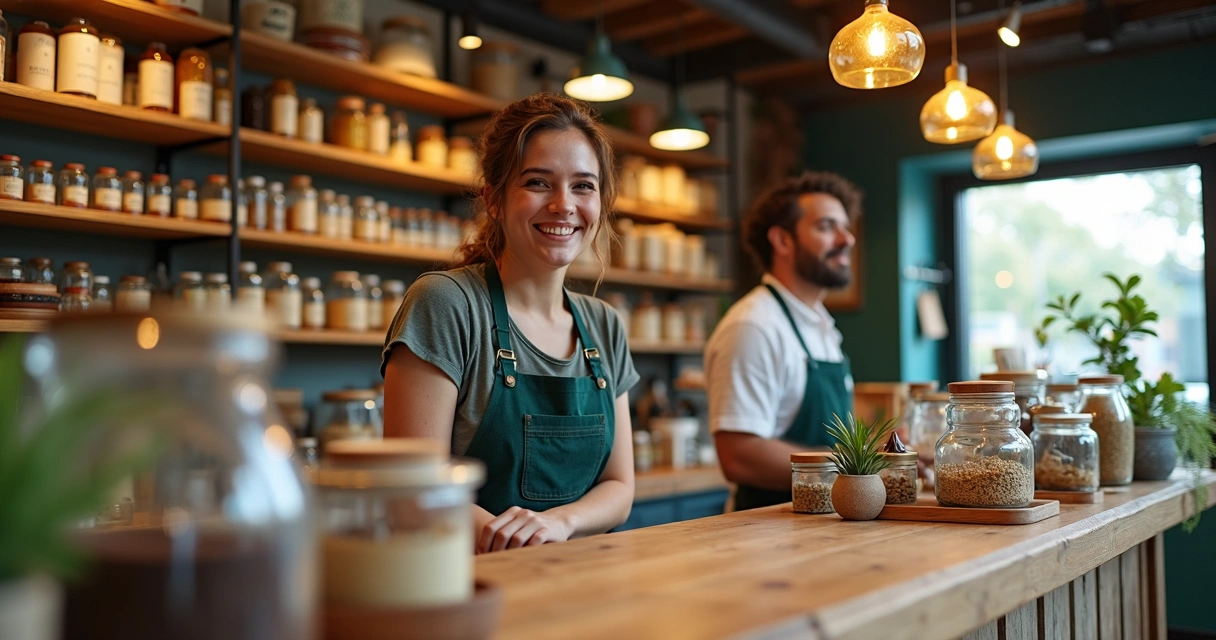 Balcão de loja pequena com produtos organizados e luz suave 