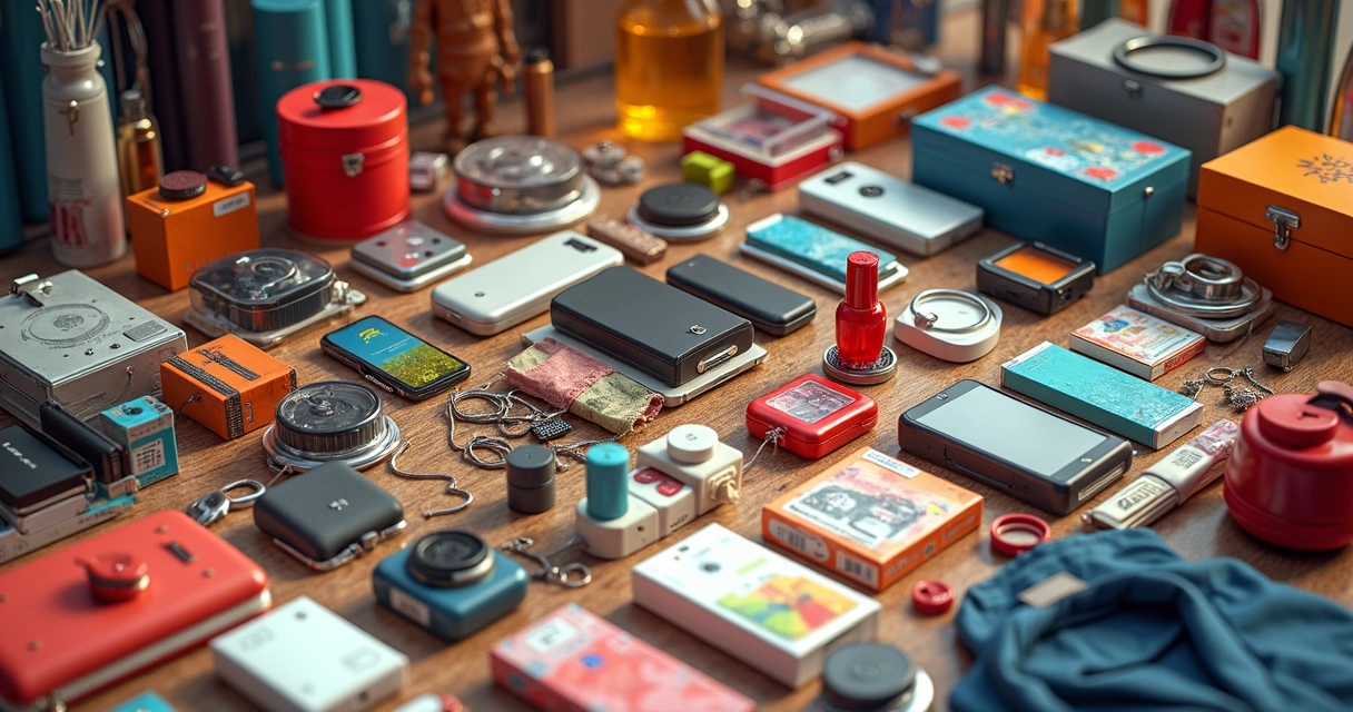 Vários produtos variados dispostos sobre uma mesa, representando compras em marketplace internacional.