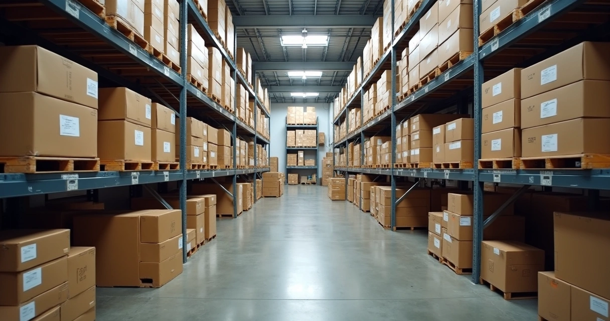 Caixas empilhadas em armazém de e-commerce 