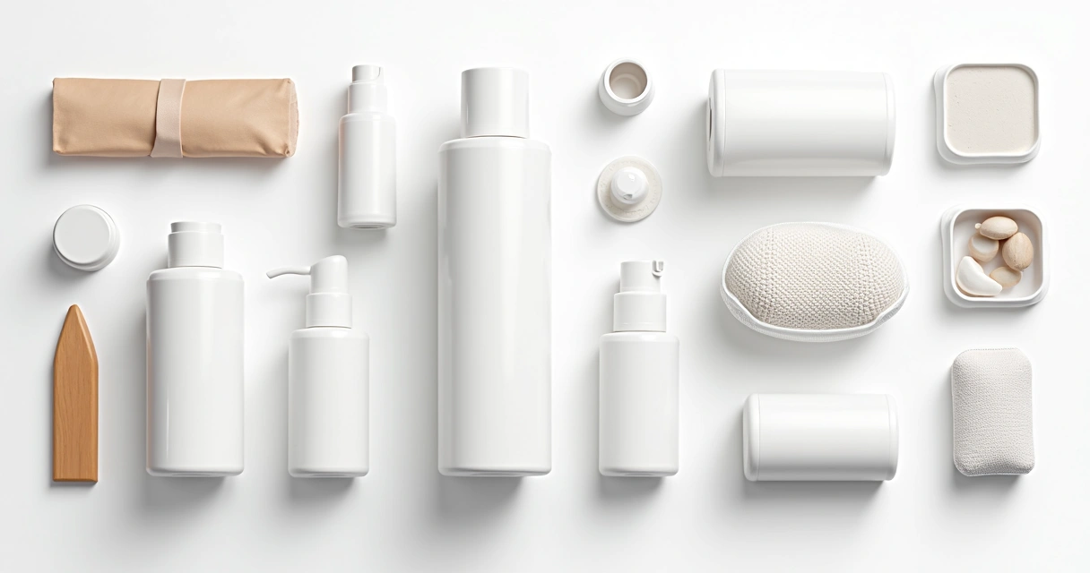 Produtos dispostos com fundo neutro e iluminação forte 