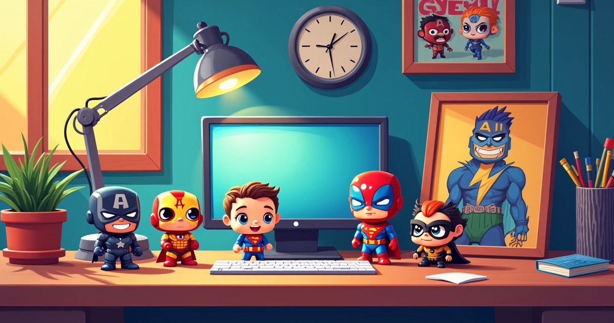 Action figures de super-heróis, caneca geek e quadro temático lado a lado 