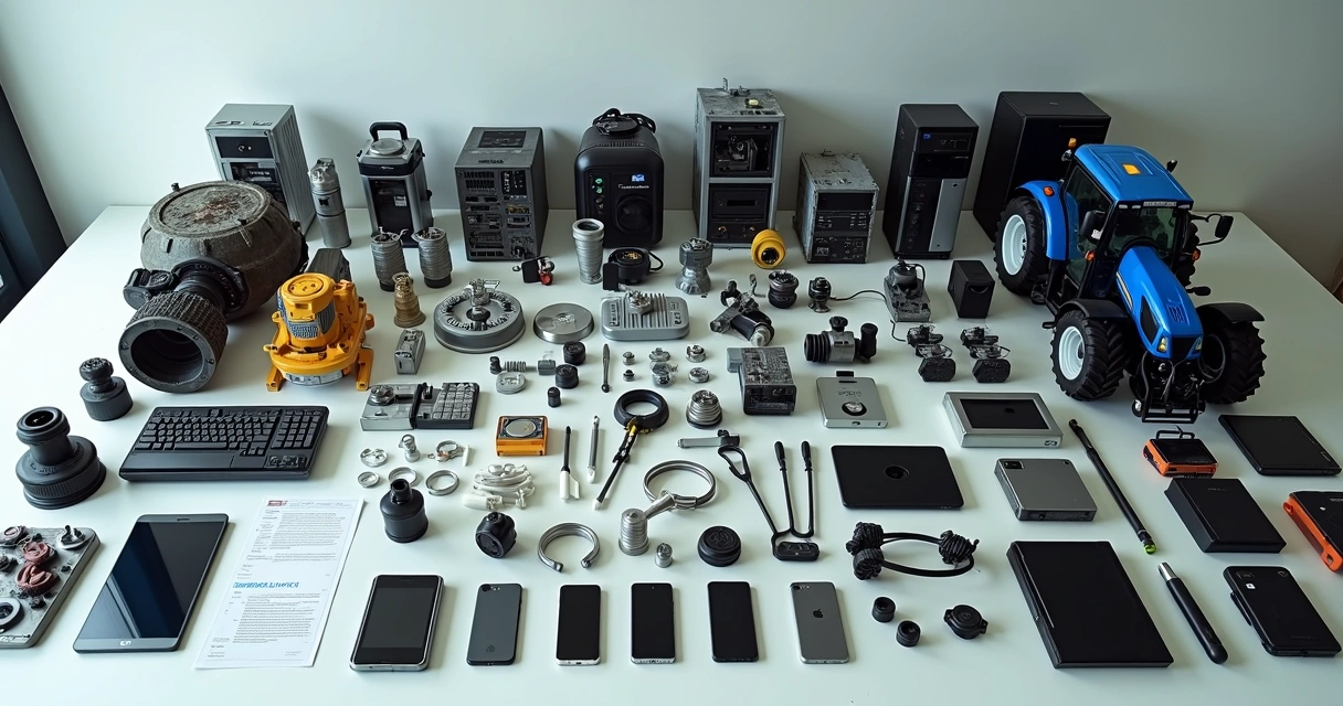 Produtos industriais variados sobre uma mesa, representando setores impactados pela importação