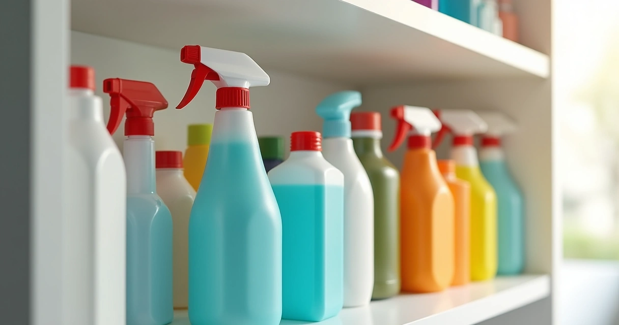 Produtos de limpeza organizados em prateleiras de armário 