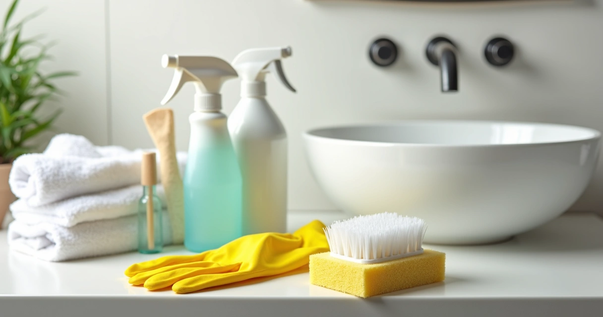 Produtos de limpeza organizados em bancada de banheiro 