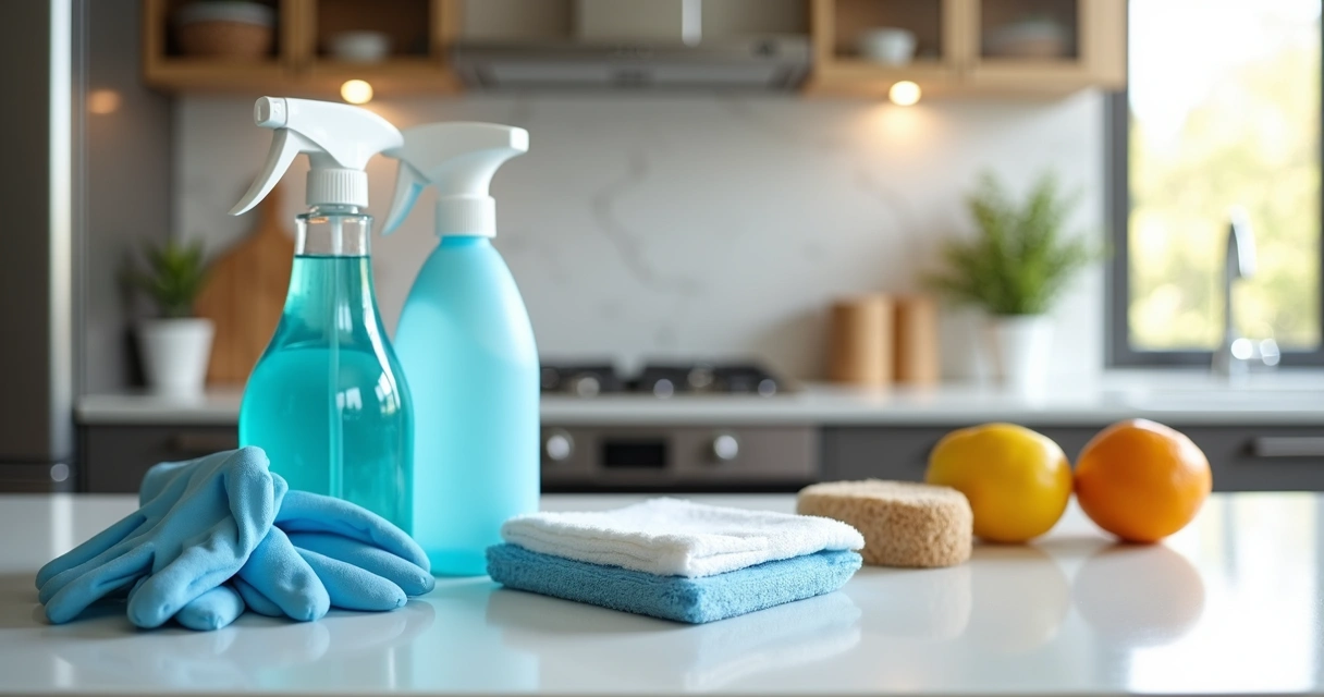 Produtos de limpeza organizados na cozinha de casa de temporada