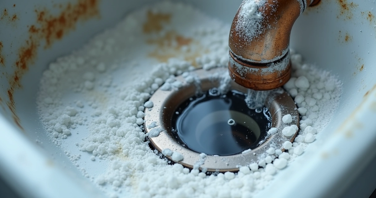 Sabão em pó acumulado perto de um cano entupido na cozinha. 