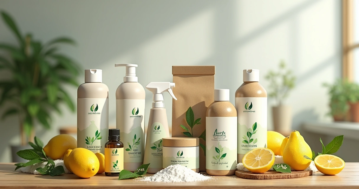 Variedade de produtos de limpeza sustentáveis em mesa de madeira 