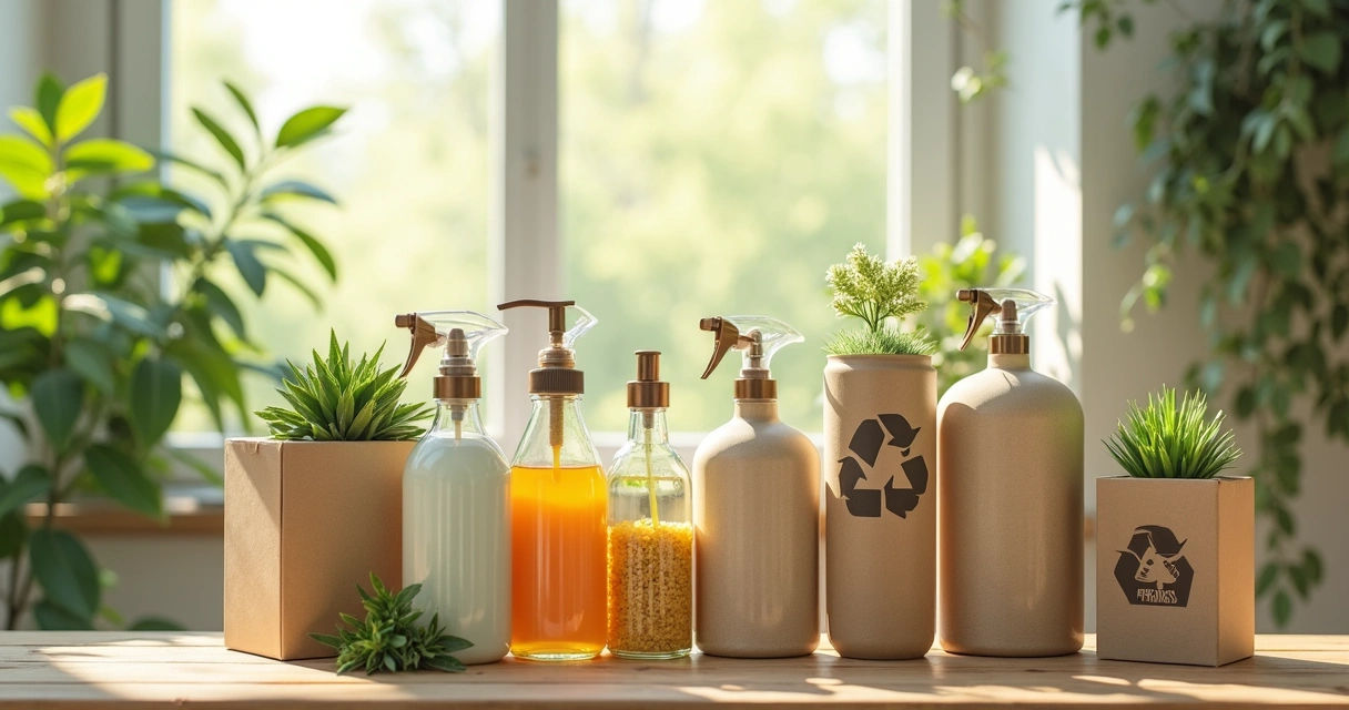 Produtos de limpeza sustentáveis em embalagens ecológicas 