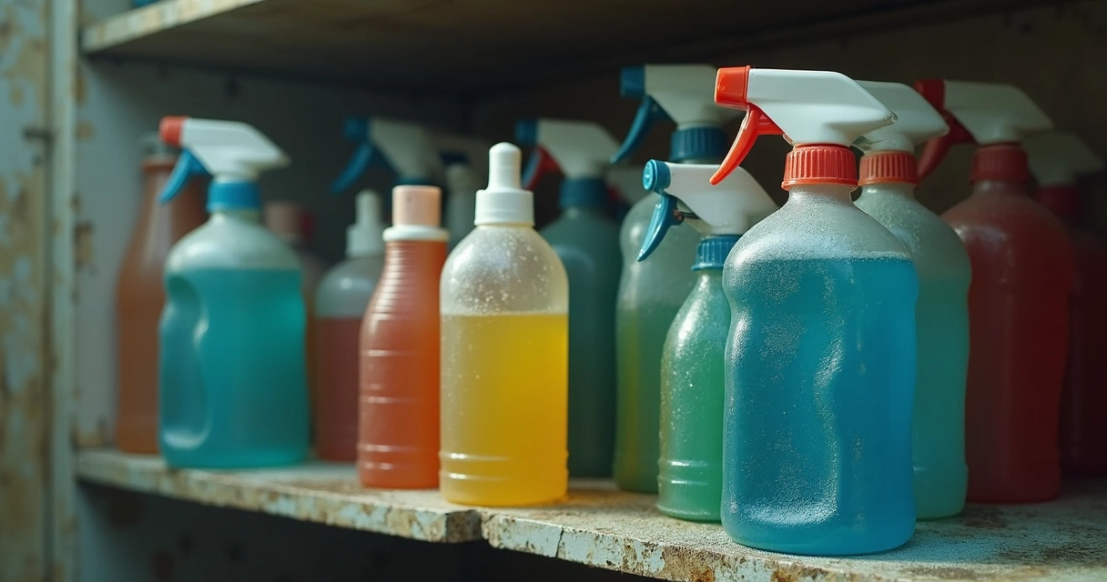 Frascos de produtos de limpeza com sinais de umidade 