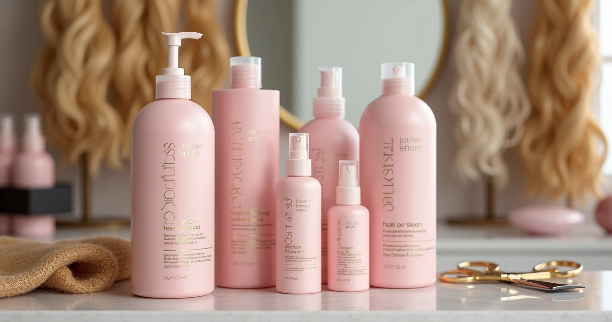 Linha completa de produtos para cabelo loiro morango em bancada de salão 