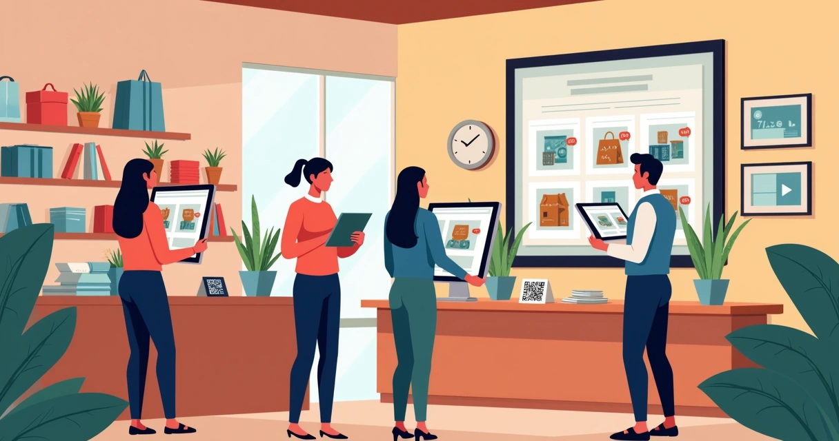 Produtos variados organizados em catálogo digital e clientes navegando online 