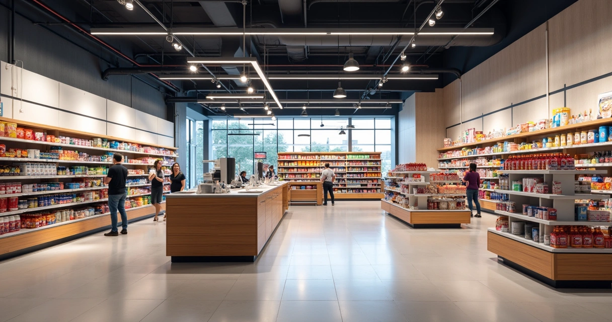 Multiloja com prateleiras cheias de produtos e balcão de atendimento 