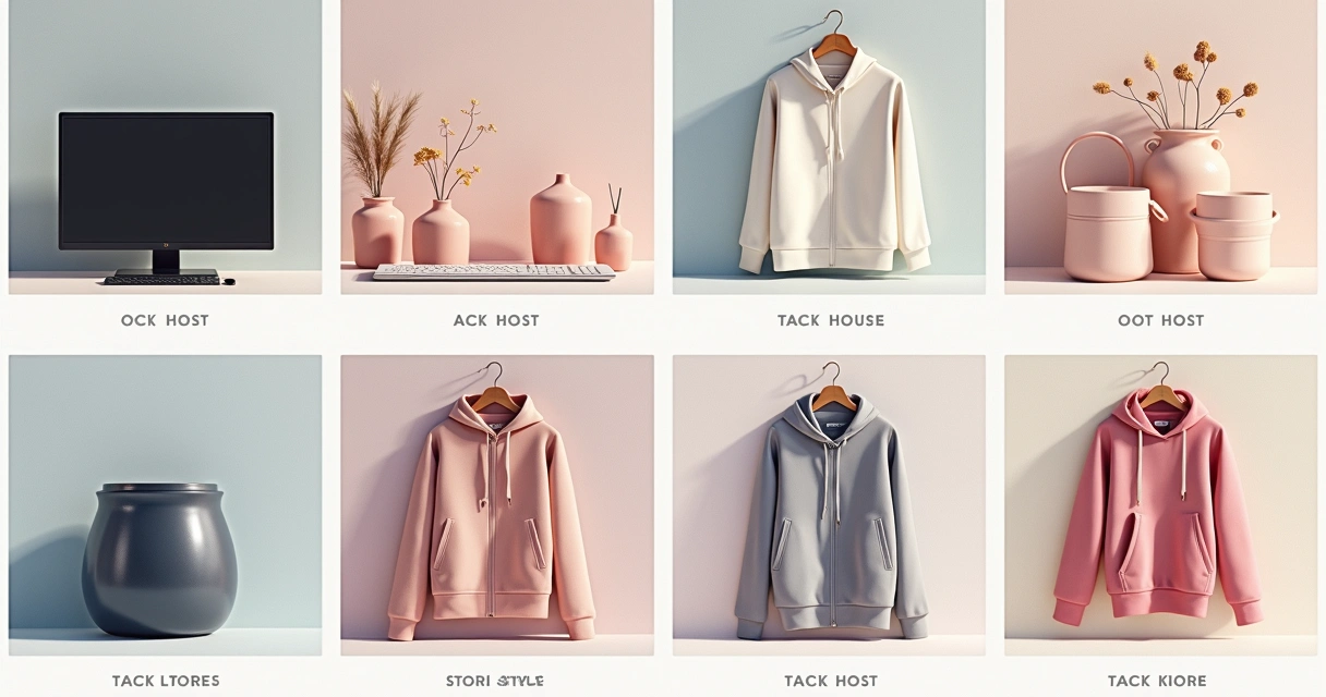 Diferentes produtos ilustrados em destaque numa loja online moderna