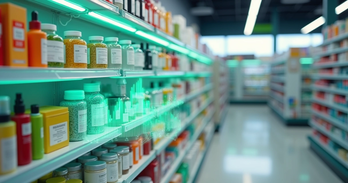 Prateleira de farmácia com produtos variados destacados por gráficos de lucro em tela transparente 