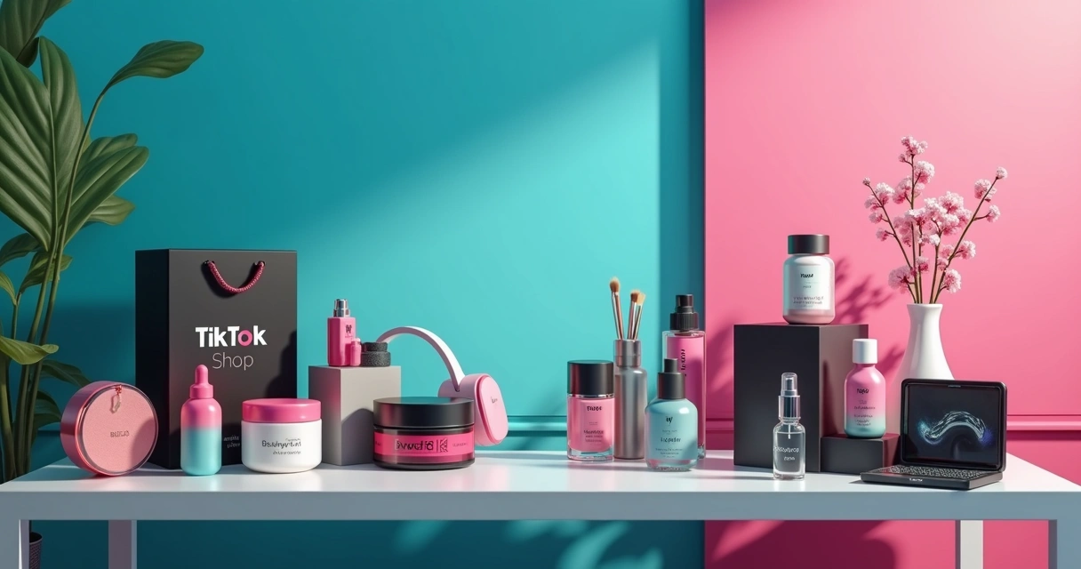 Itens de maquiagem, cremes, perfumes, fones de ouvido e acessórios de celular lado a lado 