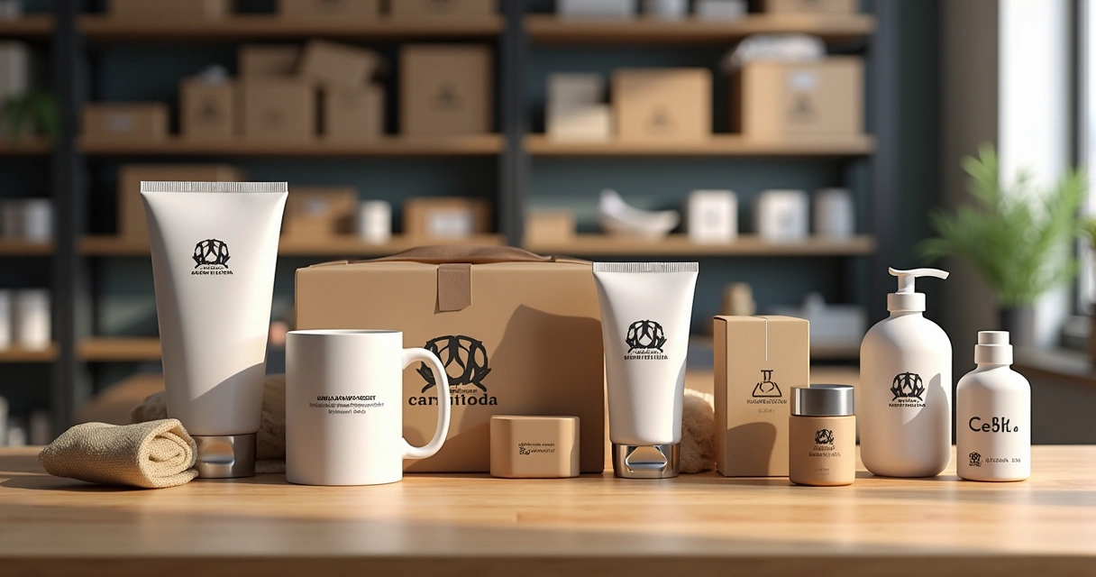 Produtos variados em embalagem própria sobre mesa de madeira