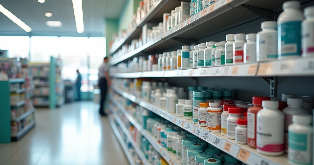 Exposição organizada de medicamentos de alto giro e produtos de higiene em prateleiras de farmácia 