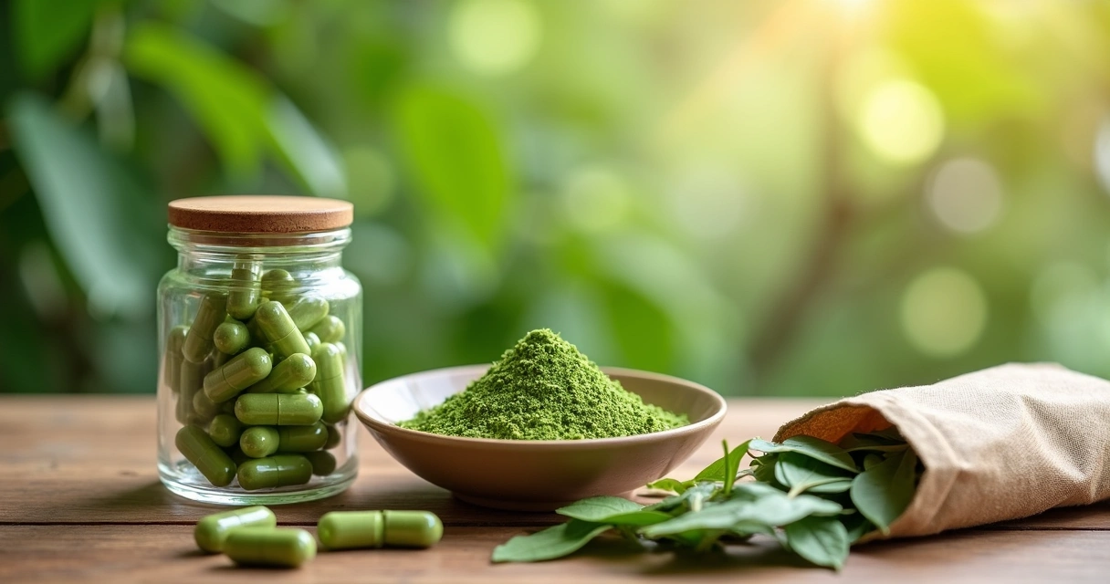 Produtos de moringa em cápsulas, pó e folhas secas lado a lado
