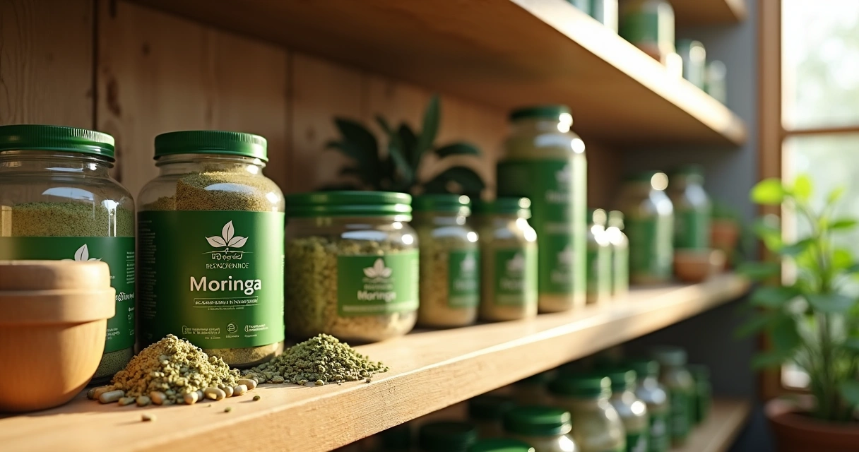 Vitrine com diferentes embalagens de moringa em pó, cápsulas e folhas secas, em prateleiras de loja natural 