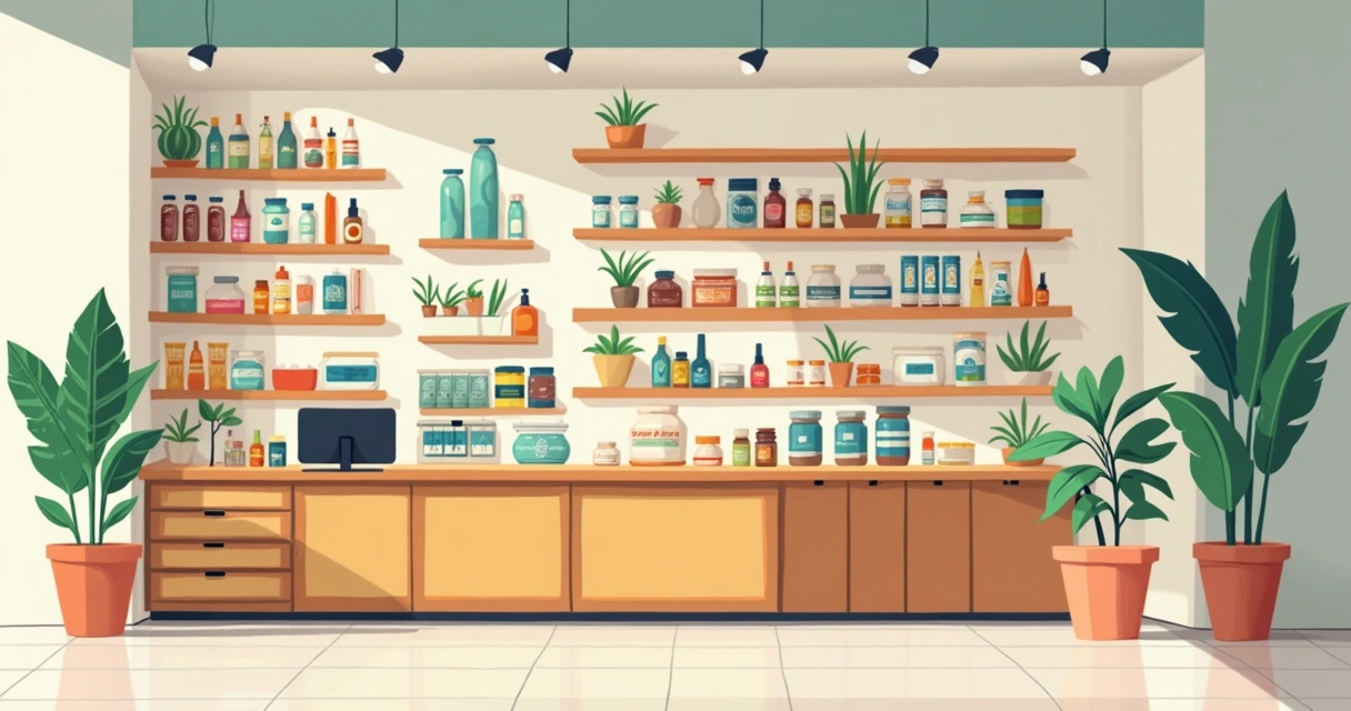 Prateleira com diversos produtos de bem-estar e suplementos 