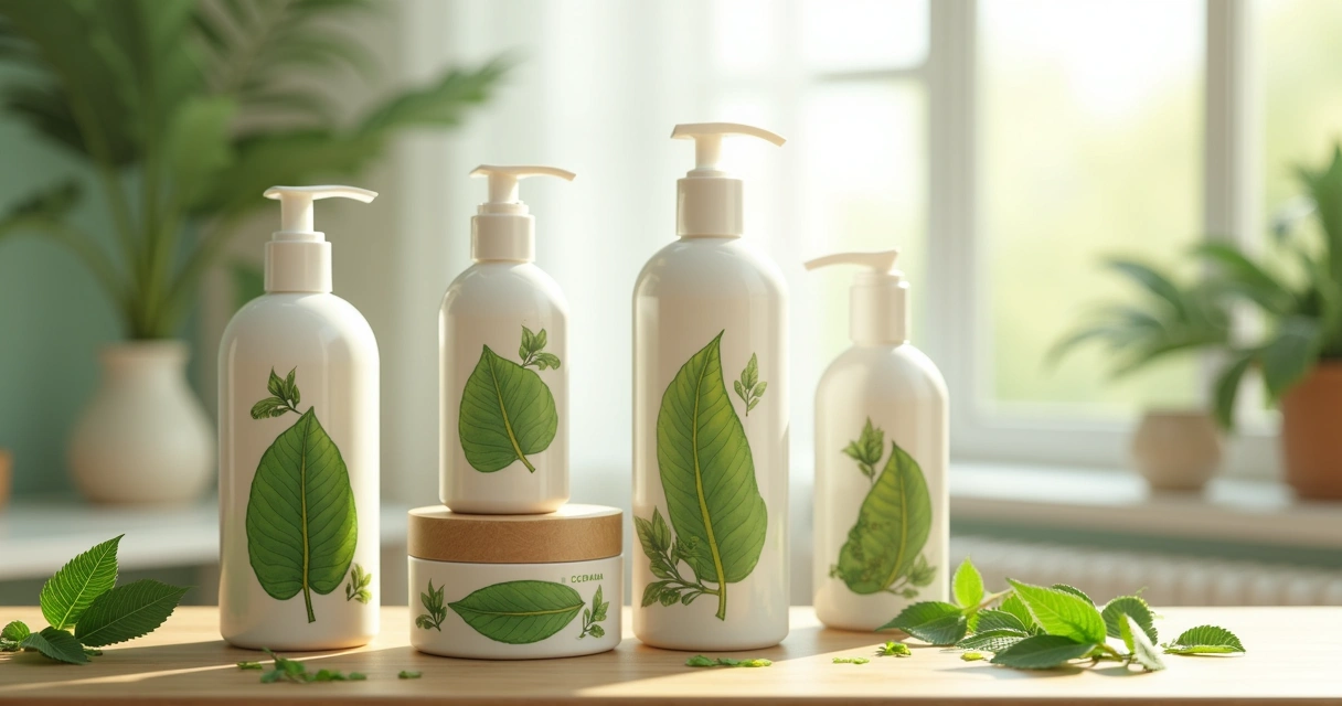 Linha de produtos capilares naturais com embalagens sustentáveis em bancada de madeira clara, em ambiente iluminado por luz natural 