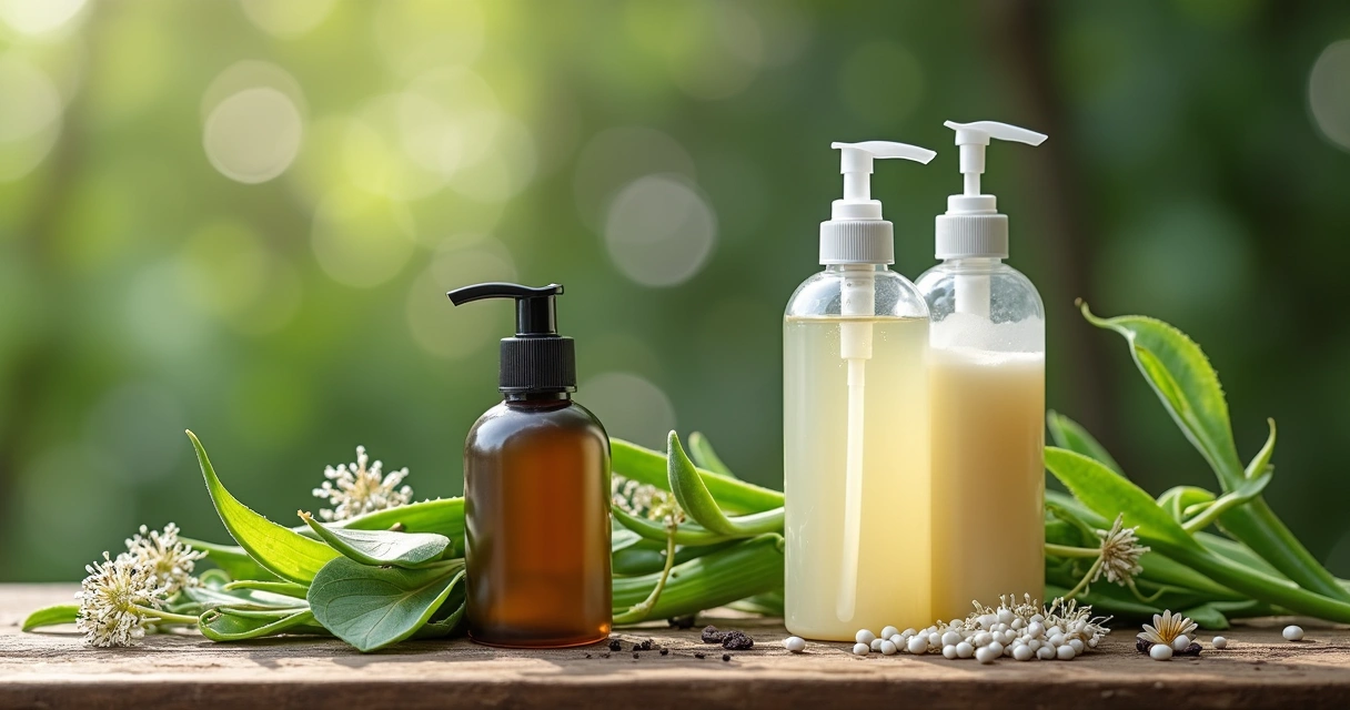 Frascos de produtos capilares naturais e convencionais lado a lado sobre mesa de madeira com ingredientes naturais e químicos ao redor 