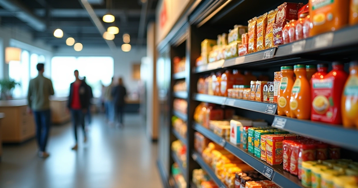 Produtos dispostos em prateleira de mini mercado moderno 