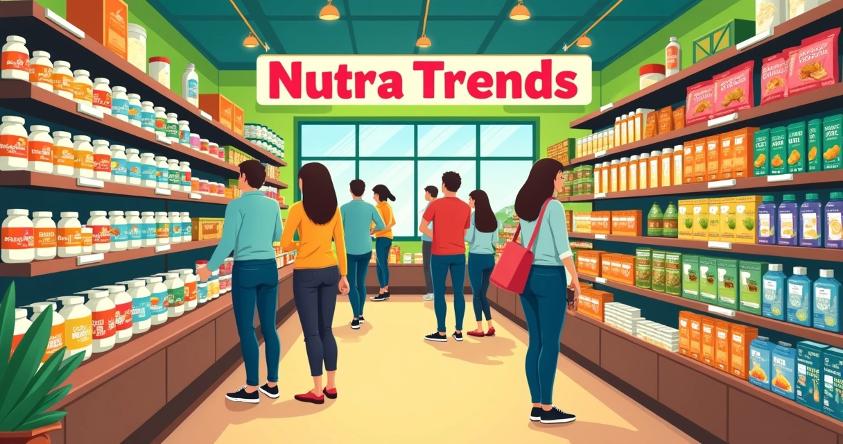 Corredor de supermercado com prateleiras cheias de produtos nutracêuticos variados e coloridos.