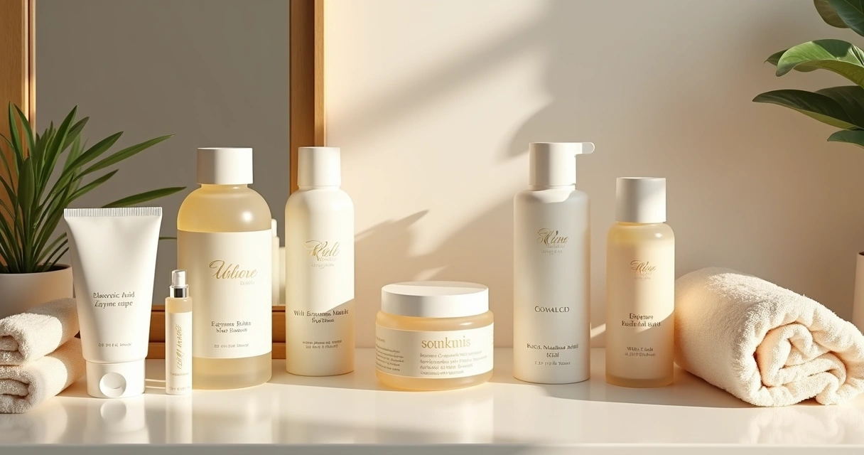 Vários produtos de peeling facial-caseiro em cima de bancada de banheiro