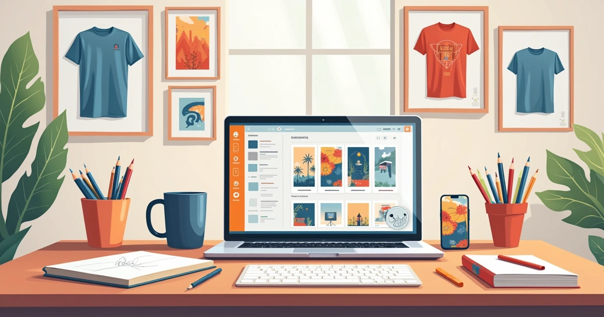 Produtos personalizados com ilustrações digitais, como camisetas, canecas e quadros, sobre uma mesa branca 