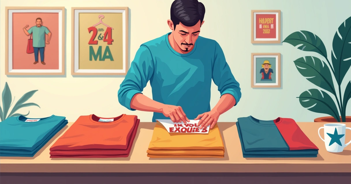 Linha de camisetas personalizadas em diferentes cores sendo embaladas em uma mesa de produção 