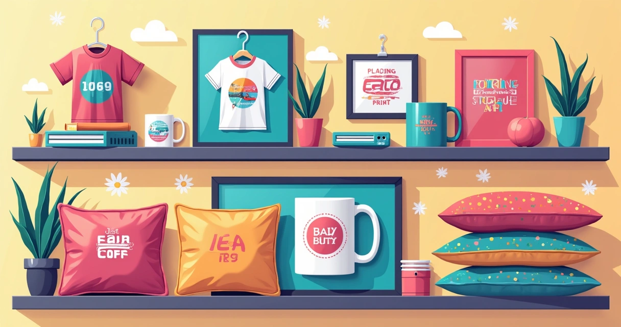 Vitrine com camisetas, canecas, quadros e almofadas personalizados expostos