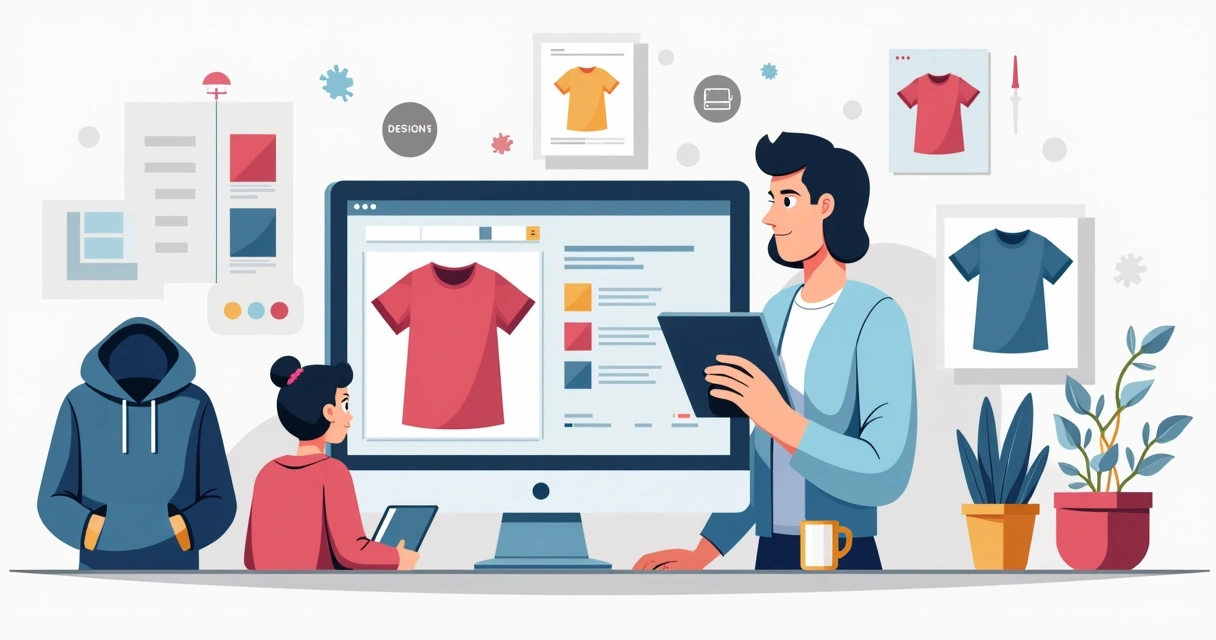 Vários produtos personalizados como camisetas e moletons em apresentação online 