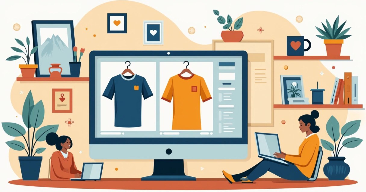 Produtos personalizados como camisetas e canecas em marketplace digital