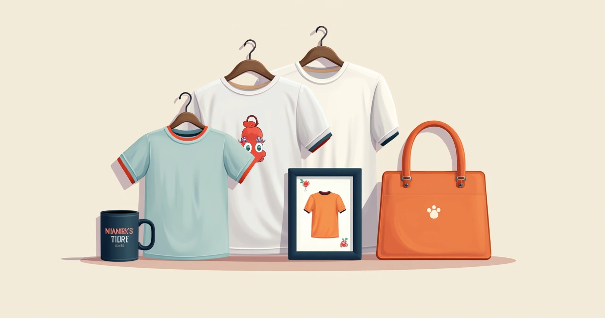 Produtos personalizados variados exibidos em um fundo claro 