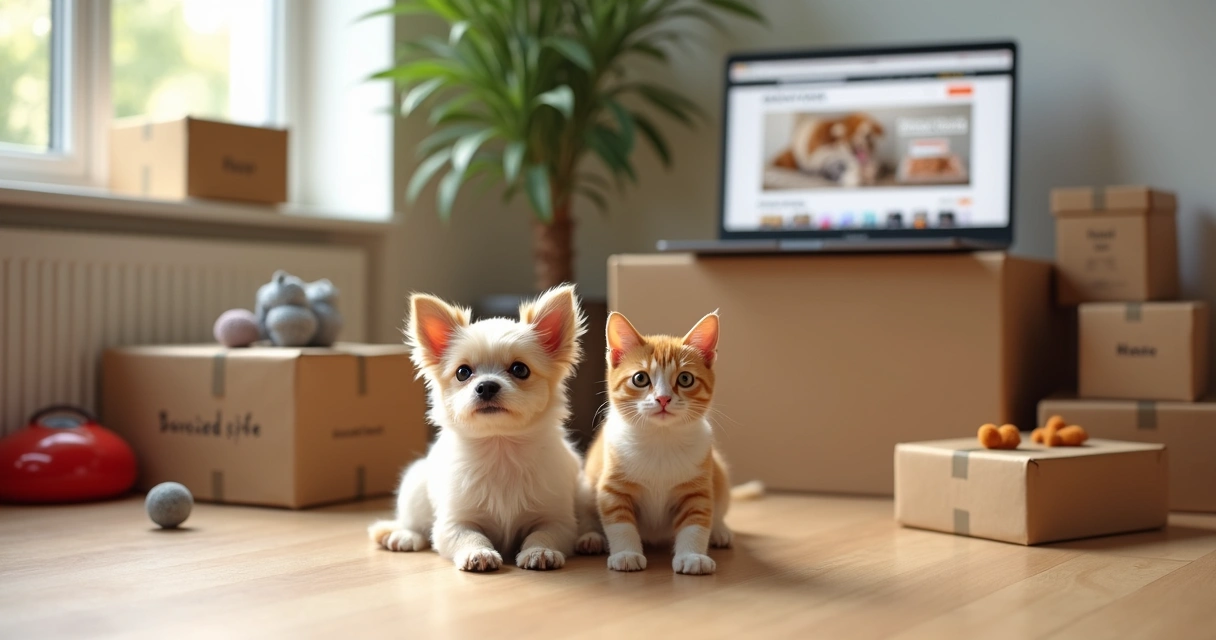 Cão e gato sentados ao lado de caixas de produtos pet com etiquetas de envio 