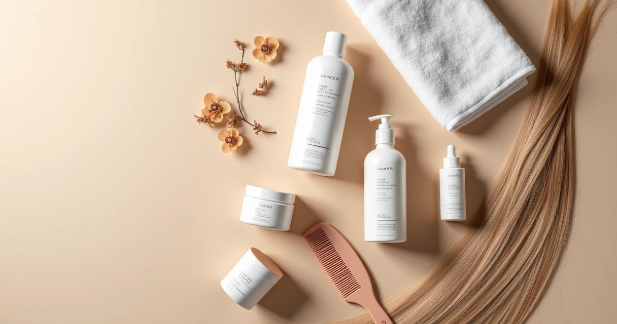 Produtos para manutenção de cabelo alisado sobre bancada 