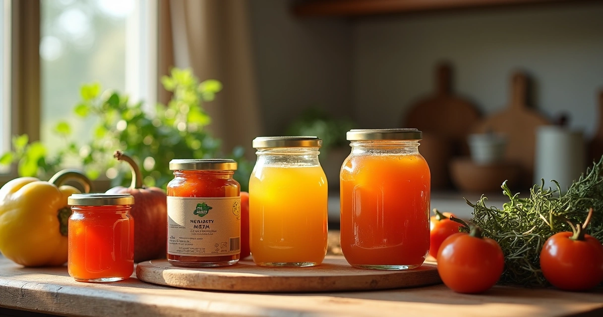 Mesa com potes de geleia, produtos processados agrícolas e etiqueta artesanal 