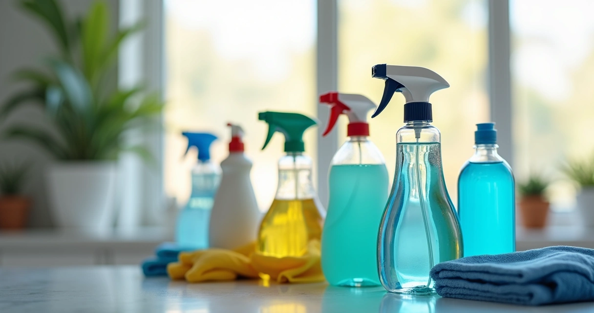 Produtos químicos de limpeza profissional organizados em bancada 