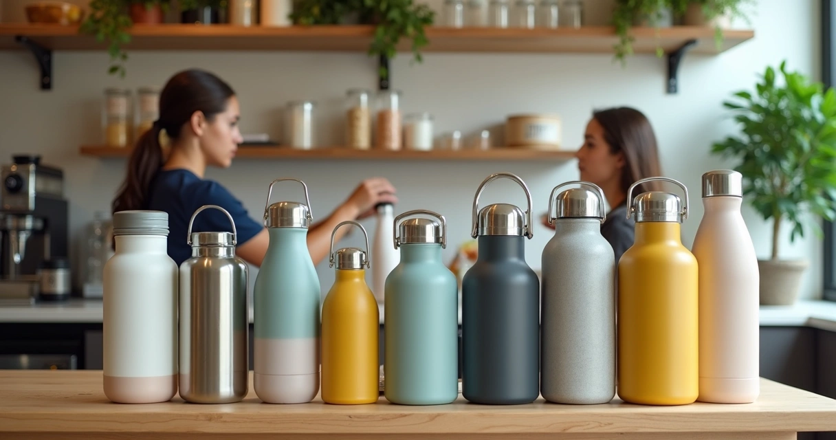 Diversas embalagens reutilizáveis alinhadas em prateleira.