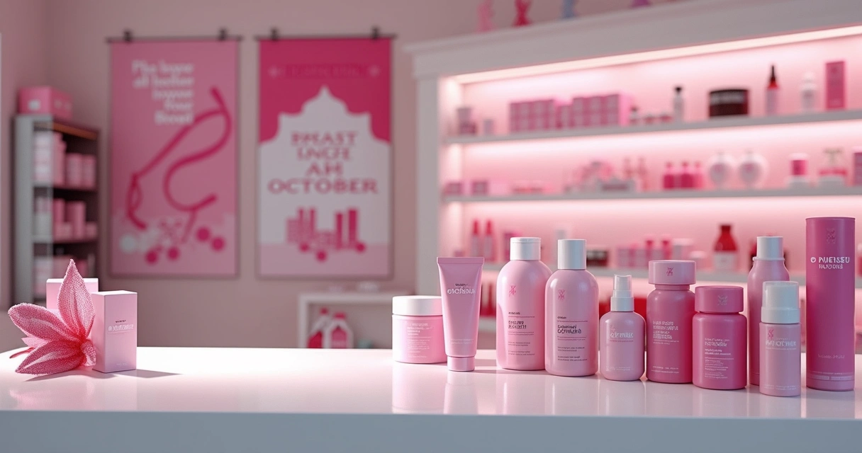 Vitrine de produtos cor-de-rosa em exposição com cartazes do Outubro Rosa