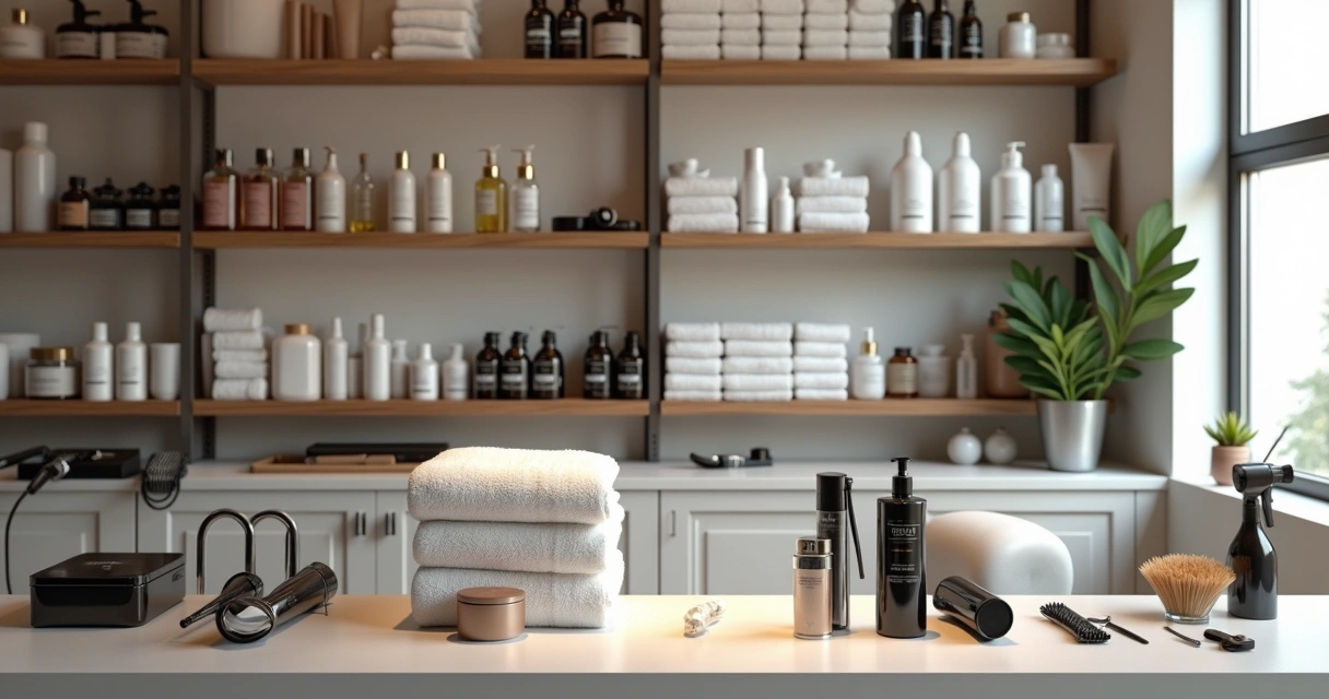 Produtos de salão de beleza e barbearia organizados em prateleira 