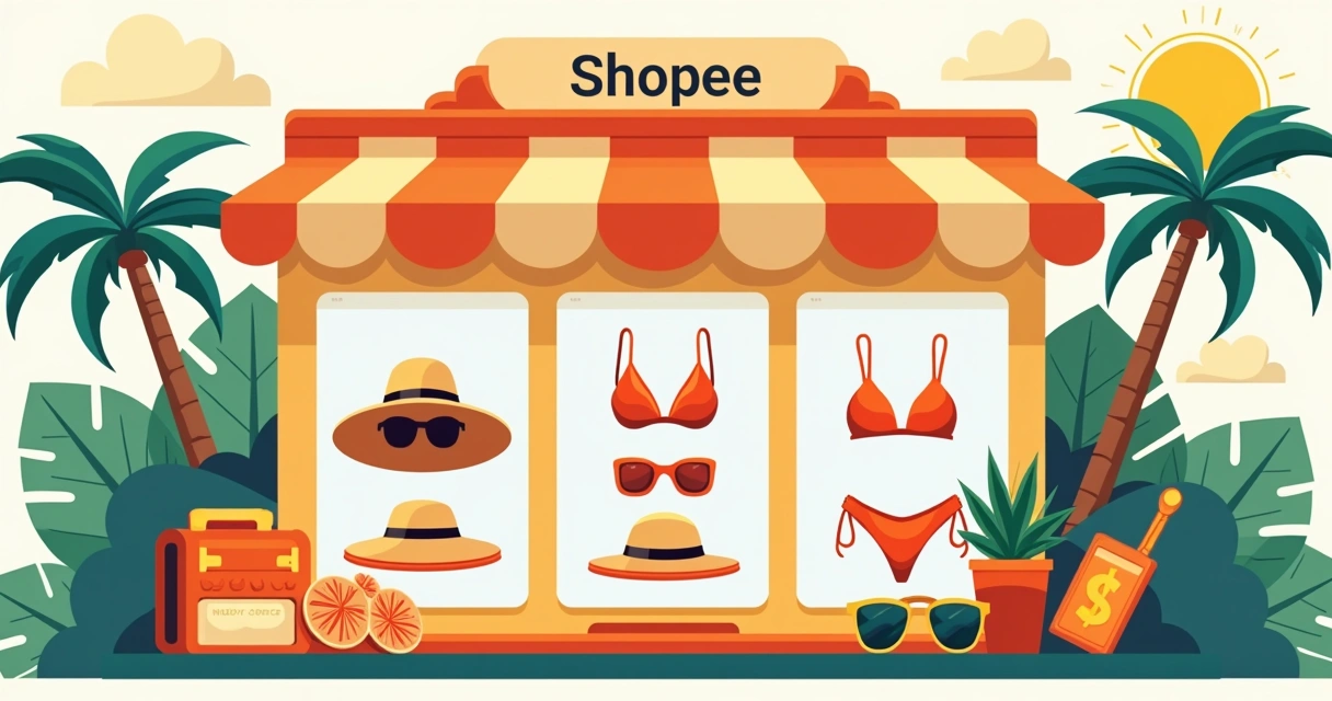 Produtos sazonais de verão organizados em uma vitrine digital na Shopee 