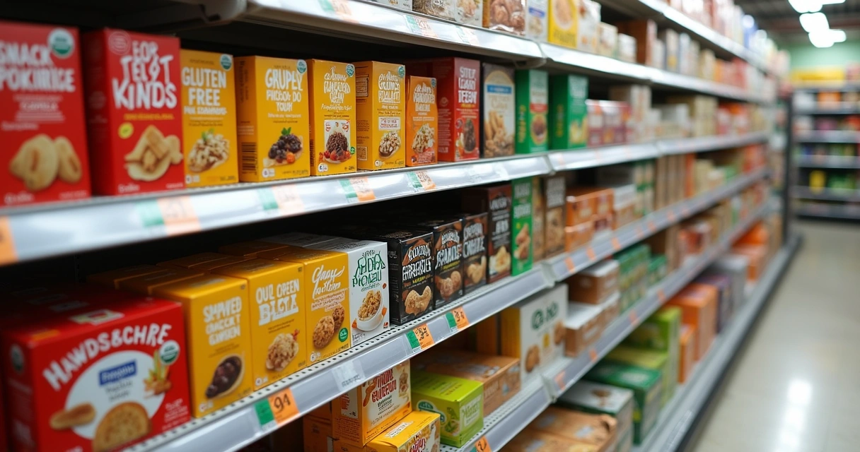 Prateleira de supermercado com variedade de produtos sem glúten organizados lado a lado 