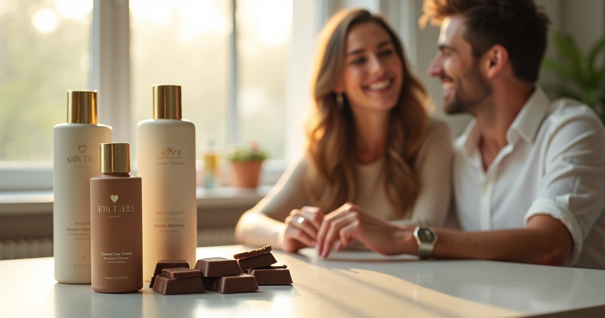 Produtos sensuais e chocolates sobre mesa com casal sorrindo ao fundo 