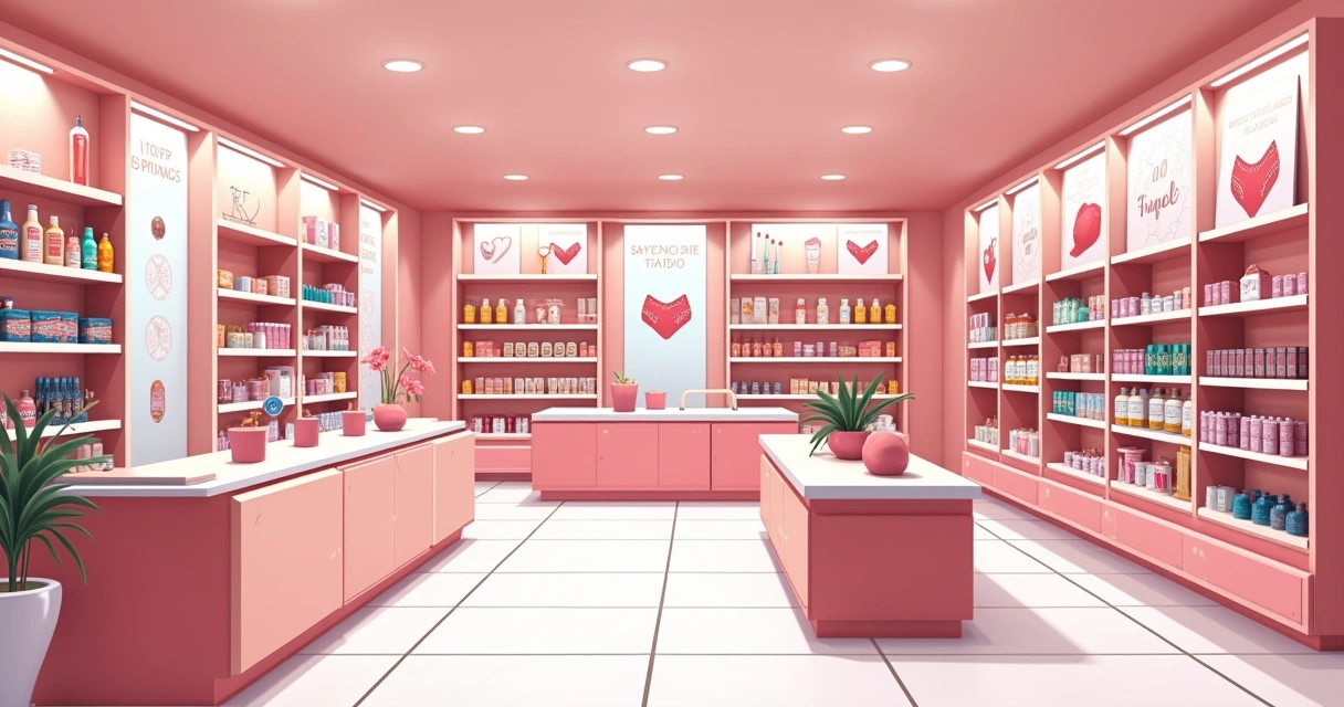 Diversos produtos sensuais coloridos organizados em uma loja iluminada em Blumenau 