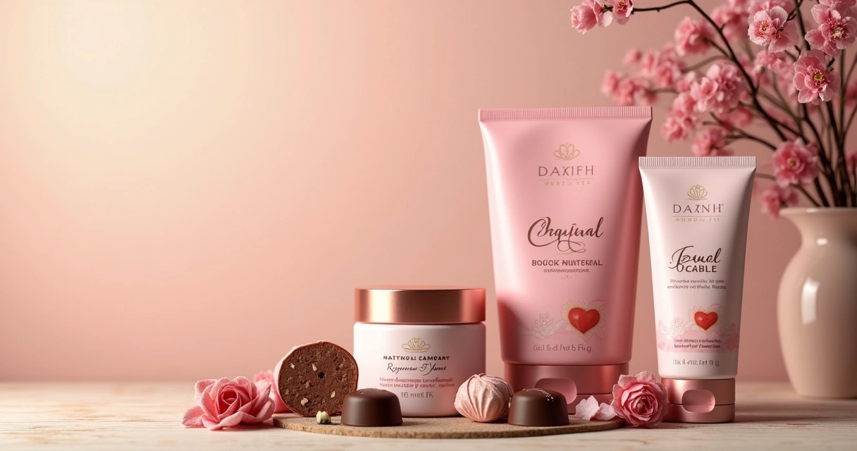 Produtos de sexual care e chocolates saudáveis em uma mesa de madeira clara.